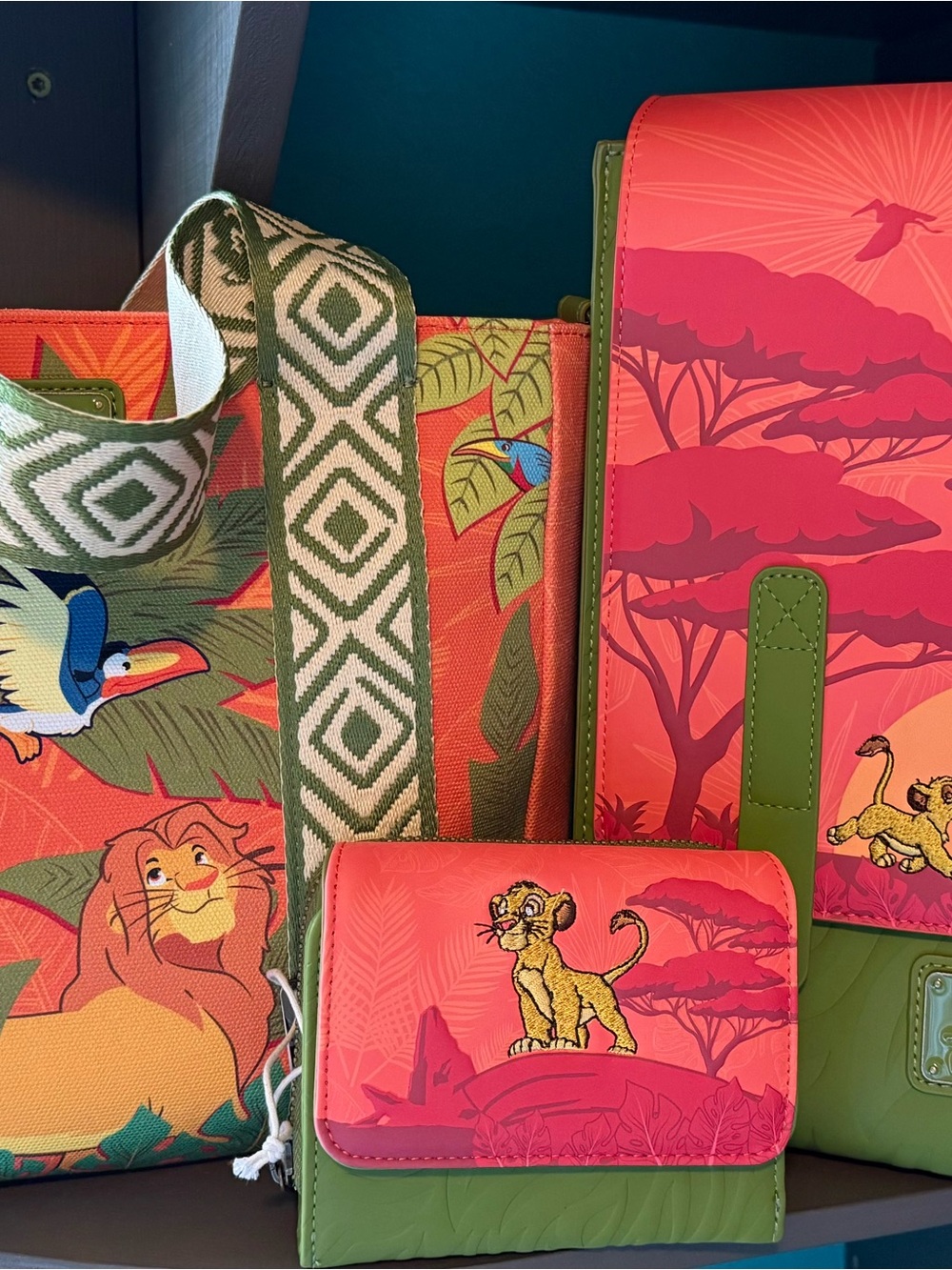 Loungefly Coral Pink and Green Lion King Kids Bag Trio